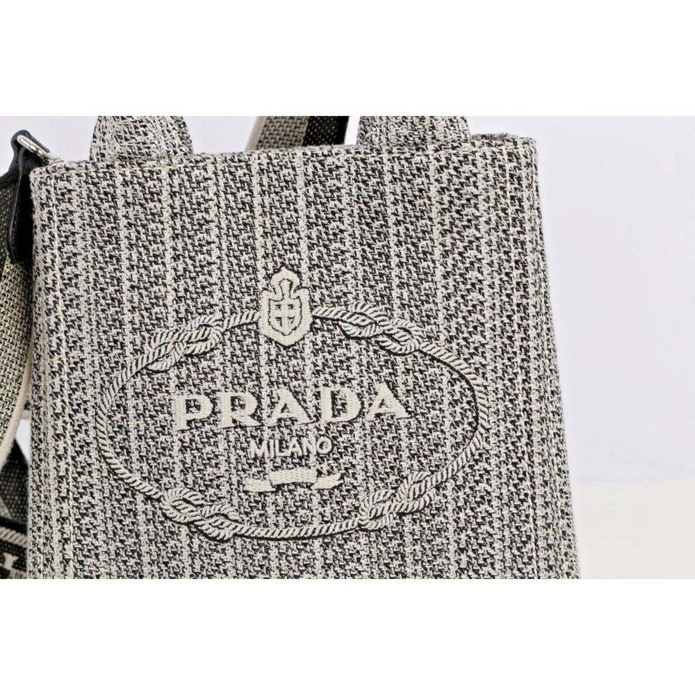 Prada Ricamo Jacquard Logo Embroidered Black Talco Leather Tote Shoulder Bag - Picture 8 of 16